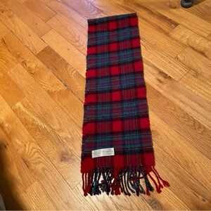 Laura Ashley small narrow red plaid lambswool scarf.